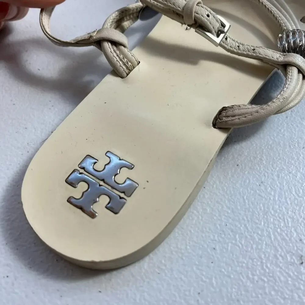 Tory Burch Sandals Women's 8.5 M Capri Multi Strap Ivory Leather Silver Charms